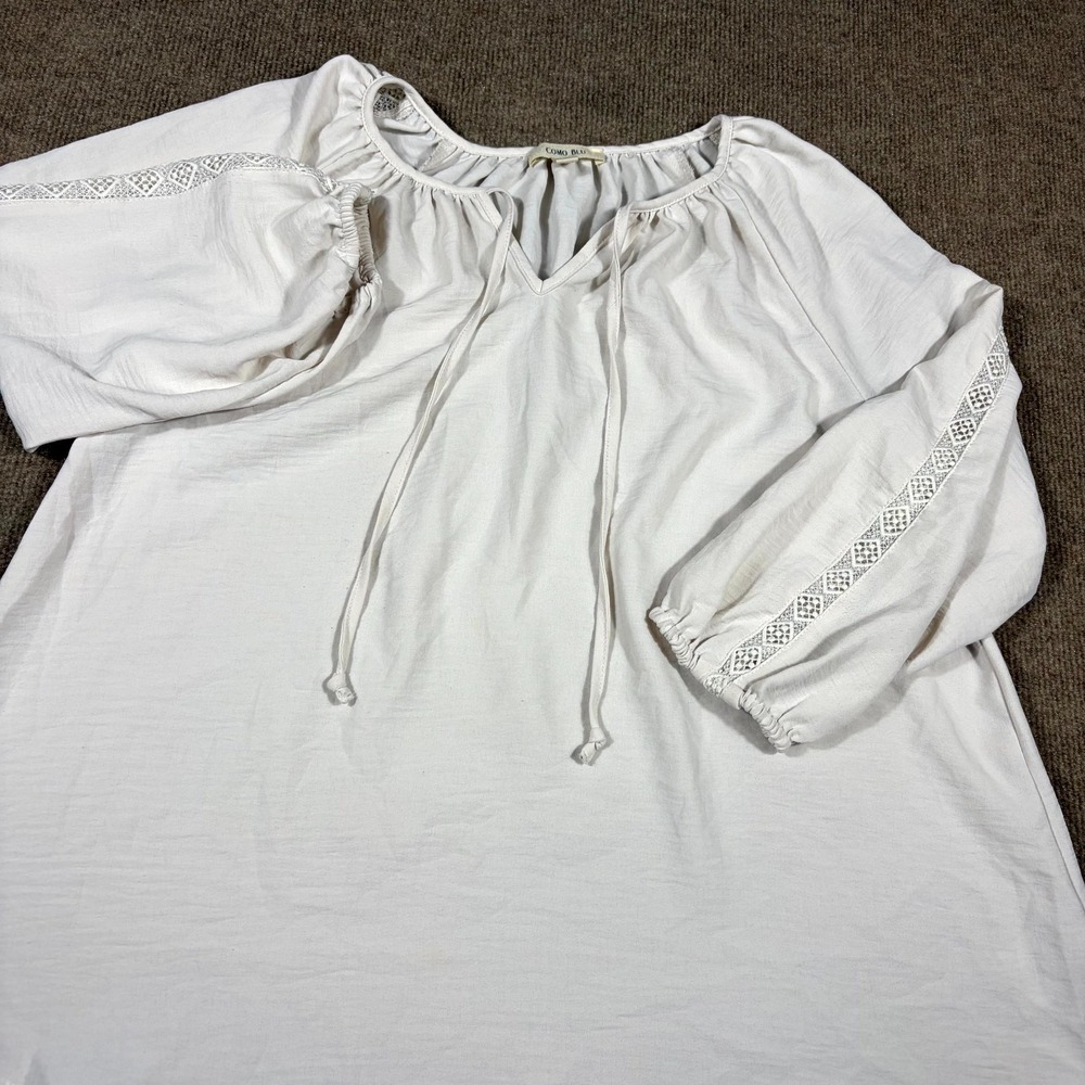 Como Blu Tunic Top Womens Small White Tie Front Pleated Puff Sleeve Streetwear
